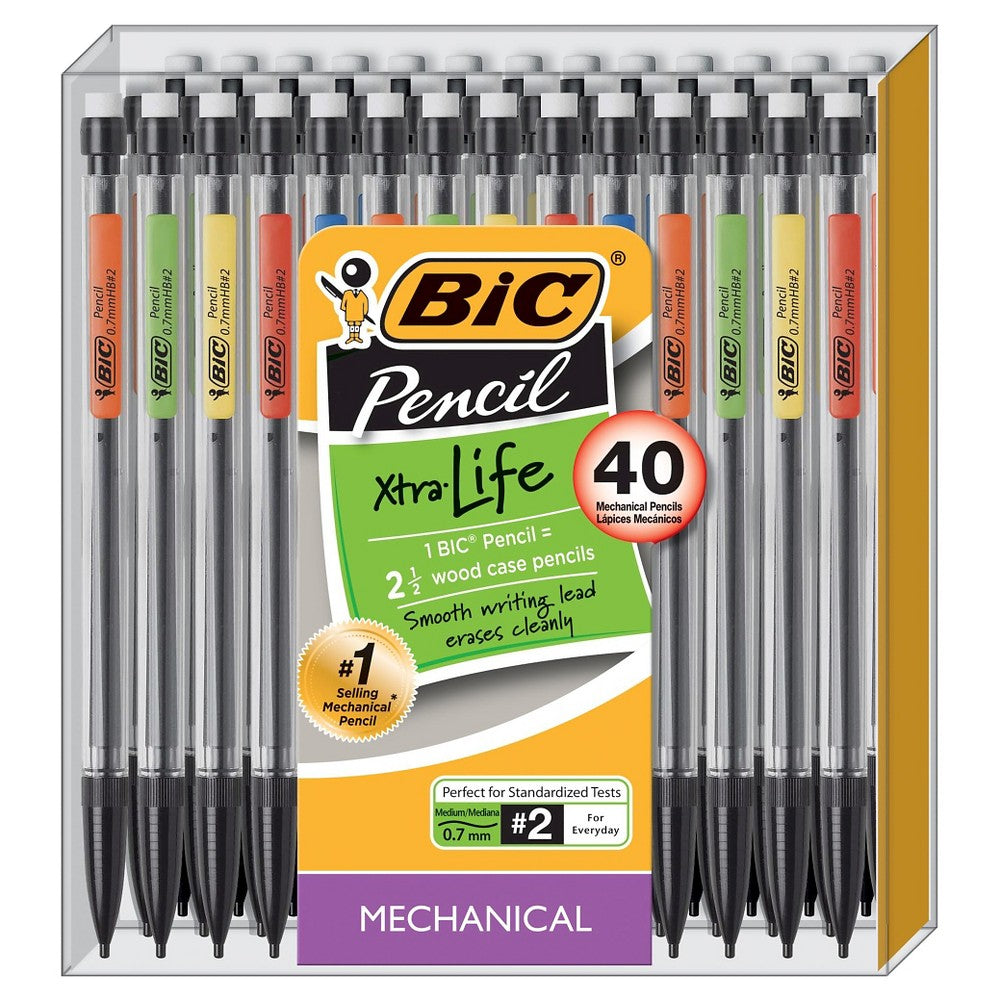 BIC #2 Xtra Life Mechanical Pencils, 0.7mm, 40ct - Multicolor: School Supplies, Plastic, Pocket Clip, Adult Use - Bellso